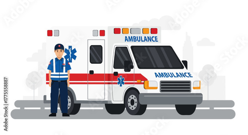 Emergency Medical Services A Vector Illustration of an Ambulance and Paramedic for Healthcare Concepts