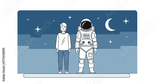 An ordinary person standing beside an astronaut under a cosmic night sky, illustrating humanity's vast dreams and the boundless potential of space exploration