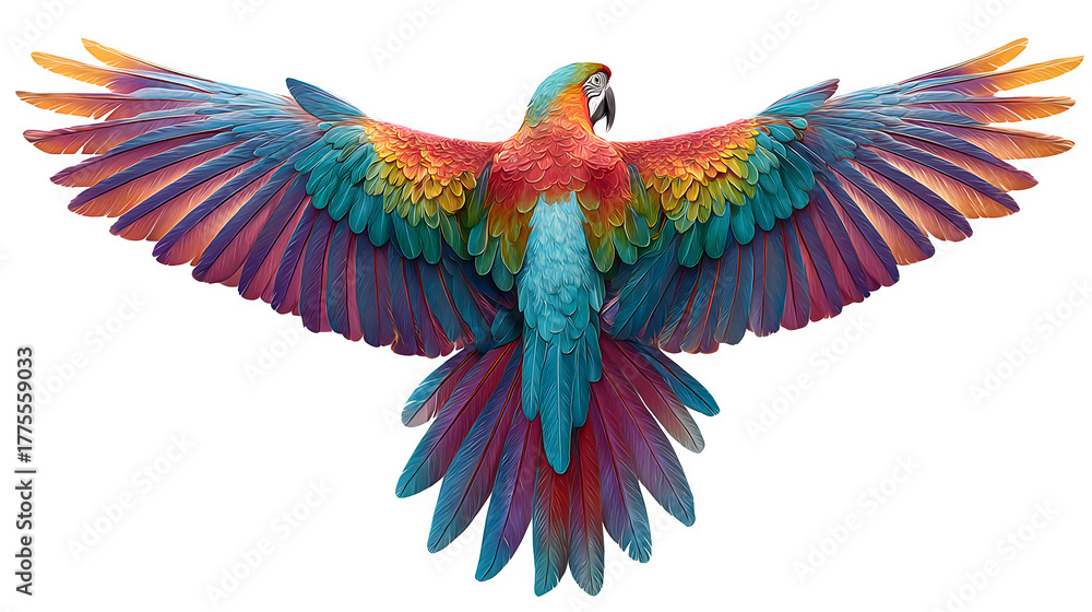 Obraz premium colorful bird with wings spread viewed from above, vivid feathers, isolated on white background