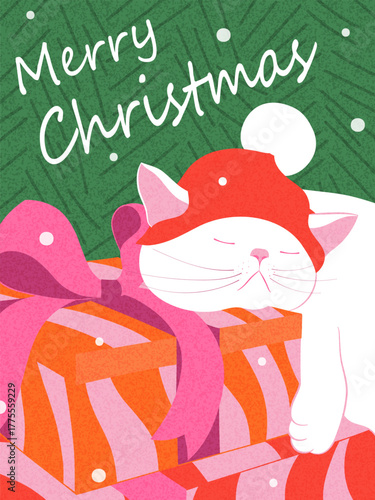 Merry Christmas greeting card. Modern Xmas design with typography and Christmas items, cute cat with gifts. Trendy hand drawn illustration for season banner, poster, cover. 