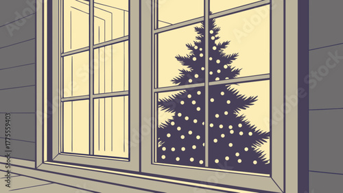 Cozy interior view through a window at night, revealing a silhouette of a warmly lit christmas tree decorated with glowing ornaments, evoking festive holiday cheer and winter warmth.