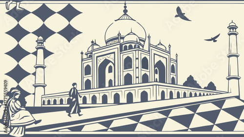 An illustration of the Taj Mahal with a person walking