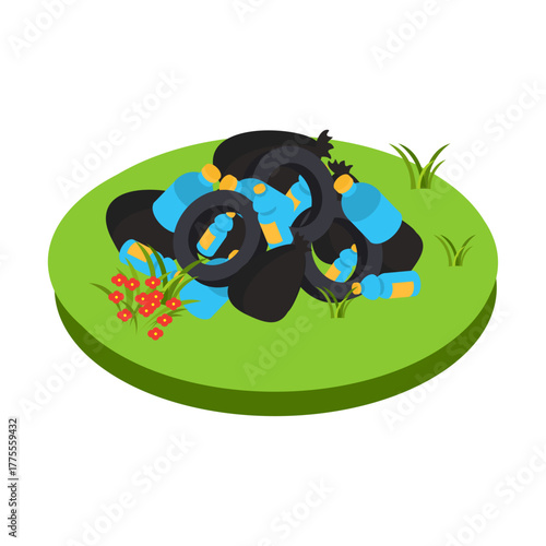 Heap of garbage bags and plastic bottles polluting the green grass with small red flowers