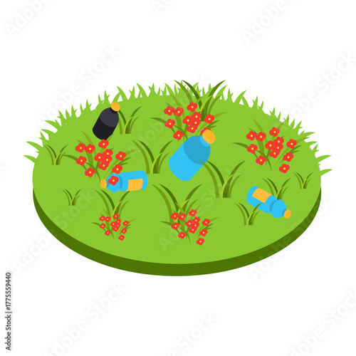 Littered green grass with red flowers and plastic bottles strewn around