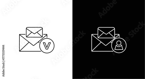 Email icons showing verification and user contact, on white and black backgrounds
