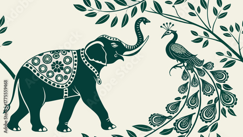 Elephant and Peacock Fusion Pattern in Decorative Vector Design