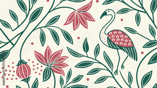Floral pattern with a flamingo and botanical elements design