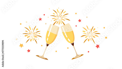 Two champagne glasses clinking together under golden fireworks, sparkles, and confetti, elegant party vibe with luxury gold and black tones .vector icon