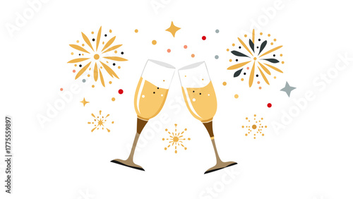 Two champagne glasses clinking together under golden fireworks, sparkles, and confetti, elegant party vibe with luxury gold and black tones .vector icon