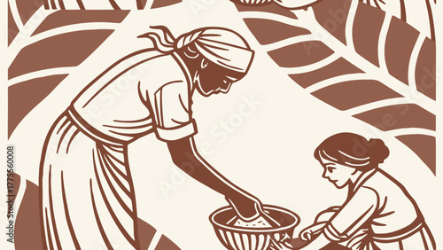 Woman and Child preparing food in a terracotta bowl