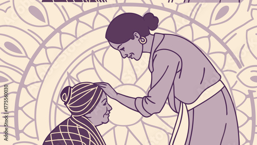 Woman tenderly touching an elderly woman in supportive act