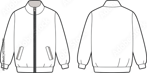 Bomber jacket flat sketch, front and back view, casual outerwear fashion design, zipper jacket technical drawing, unisex clothing vector template