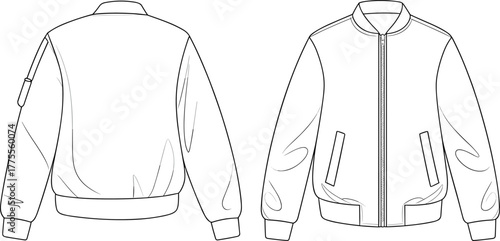 Bomber jacket fashion flat sketch, stylish outerwear design, front and back view technical drawing, unisex casual jacket template, apparel illustration