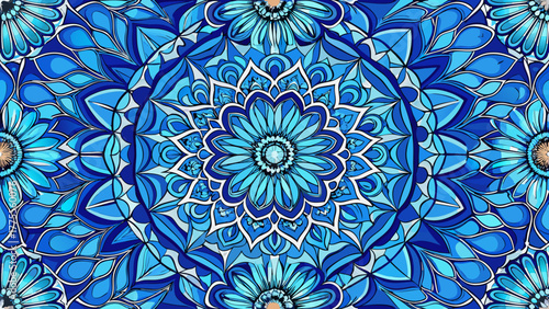 A blue mandala design on a ceramic tile surface