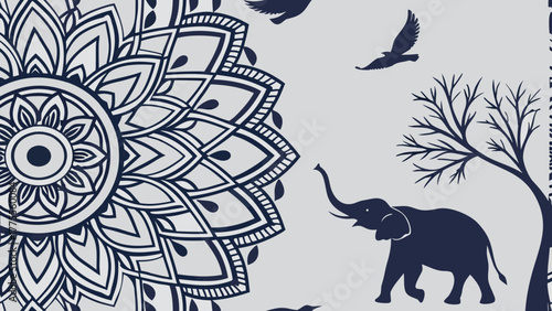 A blue mandala pattern with birds and an elephant design