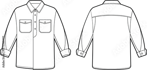 Denim shirt flat sketch, long sleeve casual shirt design, button front pocket shirt template, unisex fashion apparel technical drawing, vector illustration