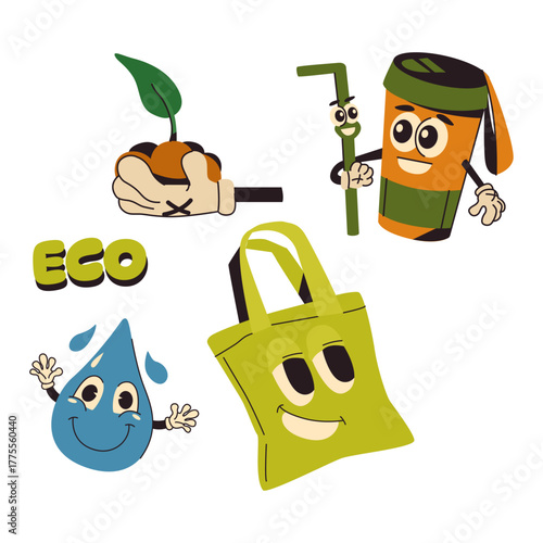 A vibrant collection of retro cartoon eco mascots promoting a sustainable and green lifestyle