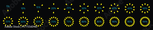 Circular Percentage Progress Bar Set Yellow Drop Icon Load Indicators 5% to 100%.