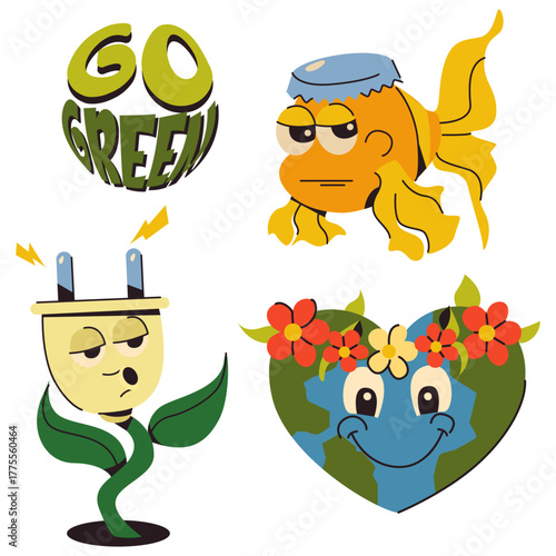 Eco-friendly groovy cartoon characters sticker set for environmental awareness and sustainability