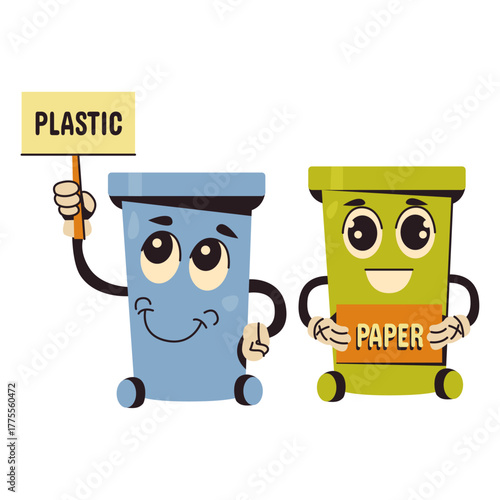Cute cartoon recycling bins one holding a 'PLASTIC' sign, the other displaying 'PAPER'
