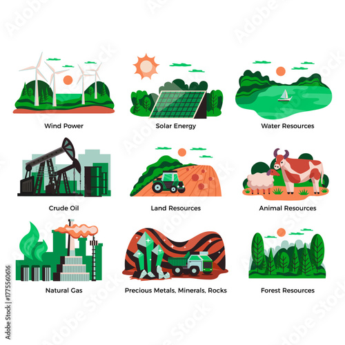 Various resources, including wind power, solar energy, water, oil, natural gas, forest, land, and precious minerals