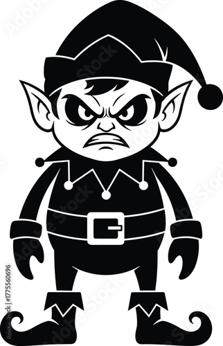 Angry Christmas elf cartoon illustration, black and white festive character design, grumpy holiday helper vector, Santa’s workshop funny angry elf clipart, holiday humor art