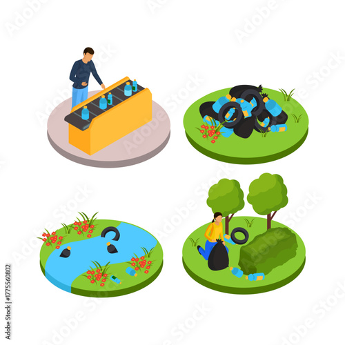 Isometric views showcasing environmental pollution, waste management, recycling processes, and dedicated community cleanup efforts