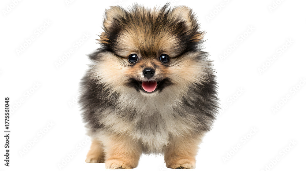 Fototapeta premium fluffy puppy standing with happy expression, detailed fur texture, adorable studio shot, isolated on white background
