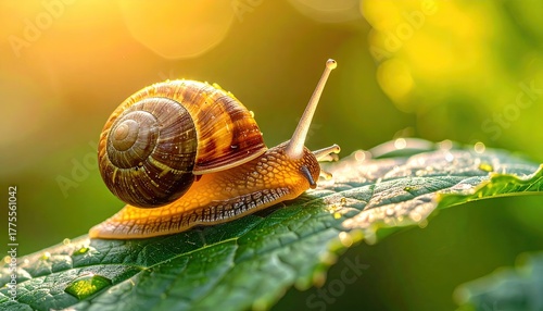 Macro shot of a small snail with spiral shell crawling on a vibrant green leaf covered in morning dew droplets with warm golden sunlight illuminating the scene and creating a soft bokeh background