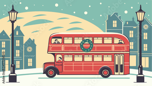 Retro red double-decker bus adorned with a festive wreath travels through a snowy london street with vintage buildings and lampposts, evoking holiday cheer and traditional urban winter scenes.
