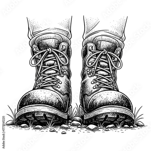 Close-up of hiking boots on rocky ground with grass details  