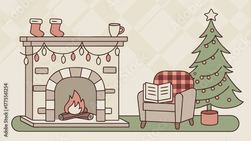 Cozy winter evening scene with a decorated christmas tree, fireplace with stockings, and a comfortable armchair with a book, evoking festive holiday cheer and relaxation