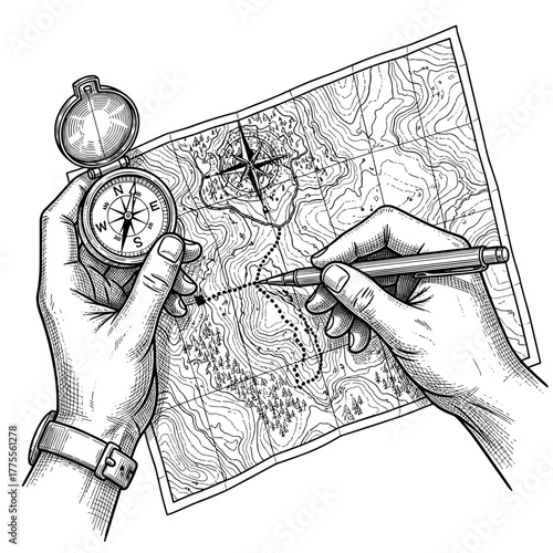 Person using compass and map to plan route for navigation  