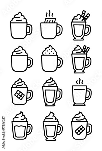 Collection of hand drawn line art icons representing various hot beverages such as coffee hot chocolate and cappuccino with whipped cream and toppings