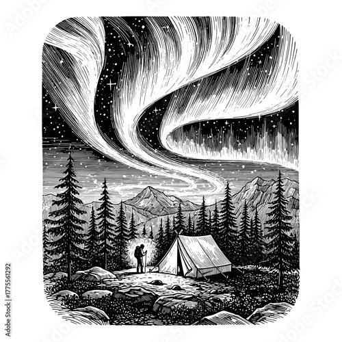 Couple admiring northern lights near tent in wilderness at night  