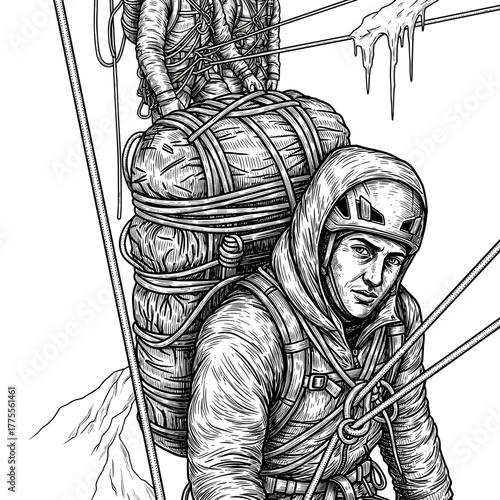 Mountaineers climbing with gear on snowy mountain landscape  