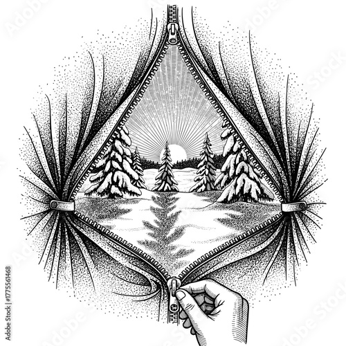 Hand unzipping tent to reveal winter landscape with trees  