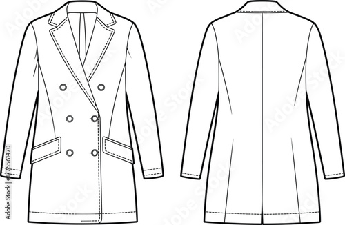 Elegant double breasted women coat fashion flat sketch, long sleeve outerwear technical drawing, stylish trench coat design illustration, sewing pattern template