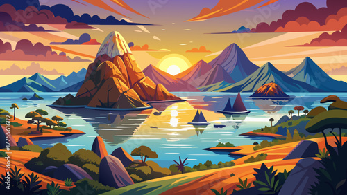 Very beautiful sunrise over Komodo National Park, Indonesia, viewed from Padar Island, featuring tranquil waters, rugged island landscapes, and cairns dotting the scenic foreground.