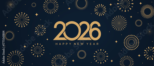 Happy New Year 2026 background. Gold numbers on a blue background among golden fireworks.