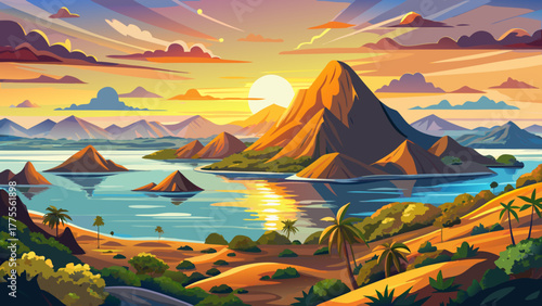 Very beautiful sunrise over Komodo National Park, Indonesia, viewed from Padar Island, featuring tranquil waters, rugged island landscapes, and cairns dotting the scenic foreground.