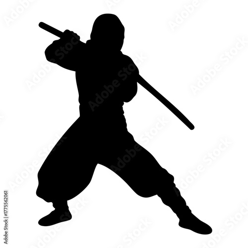 Silhouette ninja hoding sword. Vector image