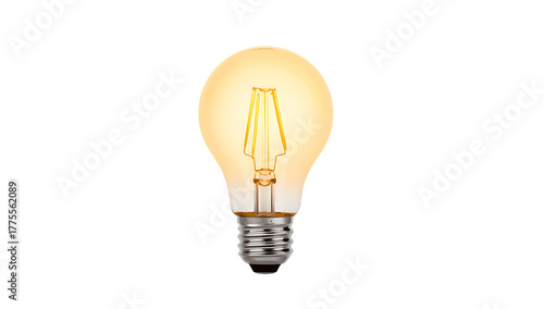Glowing Edison-style LED filament light bulb with warm yellow light against a dark png background incandescent
