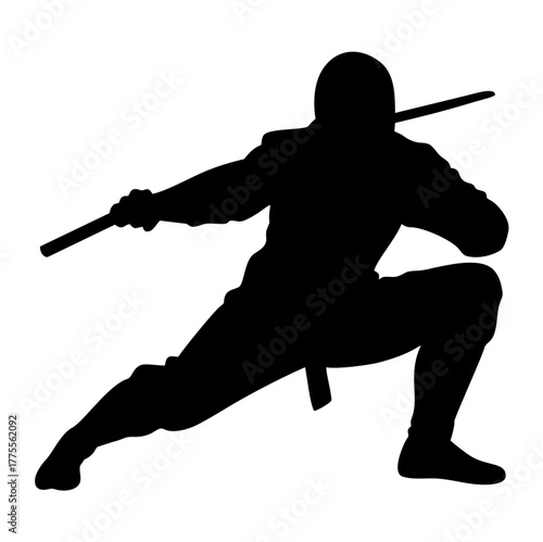 Silhouette ninja hoding sword. Vector image