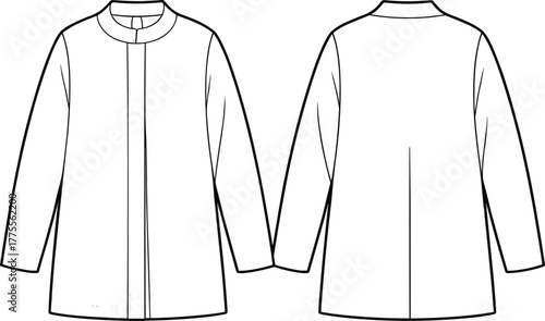 Minimalist mandarin collar long sleeve shirt flat sketch, modern women tunic fashion design, apparel technical drawing, sewing pattern template illustration