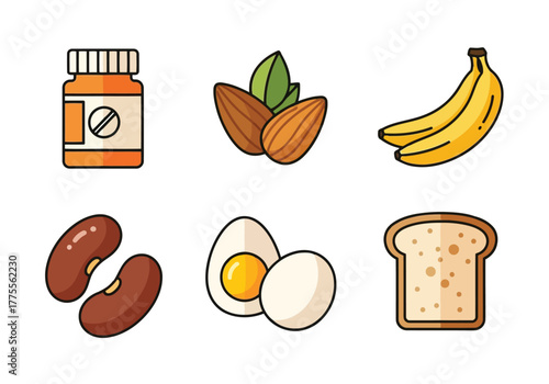 A curated selection of healthy food icons protein-rich beans, nuts, eggs, and carbohydrates like bananas and bread