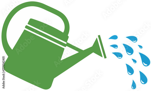 Green watering can pouring droplets — gardening and plant care icon; tidy flat vector for nursery labels, how‑to guides, and urban garden blogs