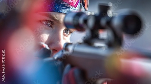 Woman biathlete concentrating with a focused gaze through the rifle scope, preparing to shoot at targets during a winter sports competition, showing determination and precision