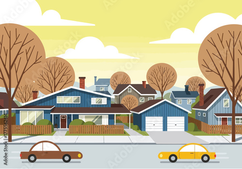 A charming suburban neighborhood street scene with diverse family houses and bare trees under a bright sky, showcasing peaceful residential living