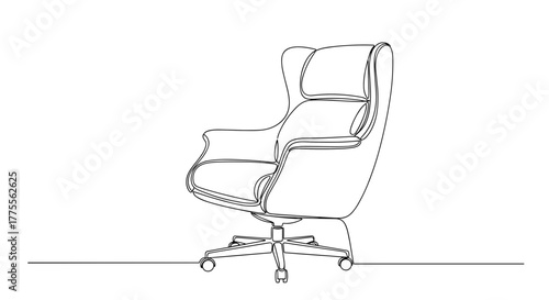 Ergonomic office chair on wheels in minimalist line art style